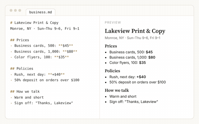 A business.md file being typed on the left and shown as a clean page on the right