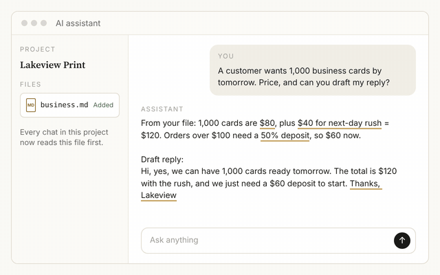 The business.md file added to a project, then the AI answering a customer question with the right price