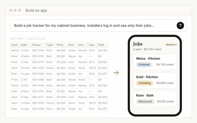 A messy spreadsheet turning into a simple phone app with colored status buttons
