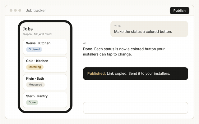 A typed change request turning the status into colored buttons, then the app opening on a phone