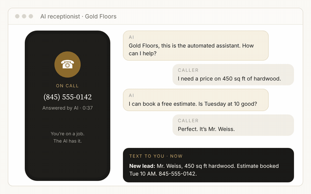 A ringing phone answered by an AI bubble, then a short call summary arriving as a text