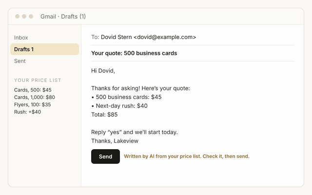 A Gmail draft with a full quote written from a price list